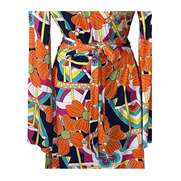 Macbeth Collection by Margaret Josephs Wrap Dress M Bell Sleeve Tropical Floral - Picture 5 of 10